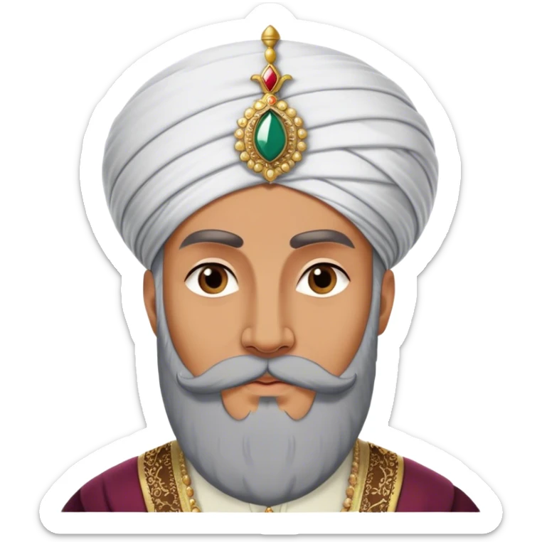 ​Cinematic Realistic Portrait of Suleiman the Magnificent, depicted as a regal Ottoman sultan adorned with a large, white, round, tall turban and a majestic grey beard, his commanding gaze bathed in warm, historic lighting that exudes timeless authority and grandeur, sticker