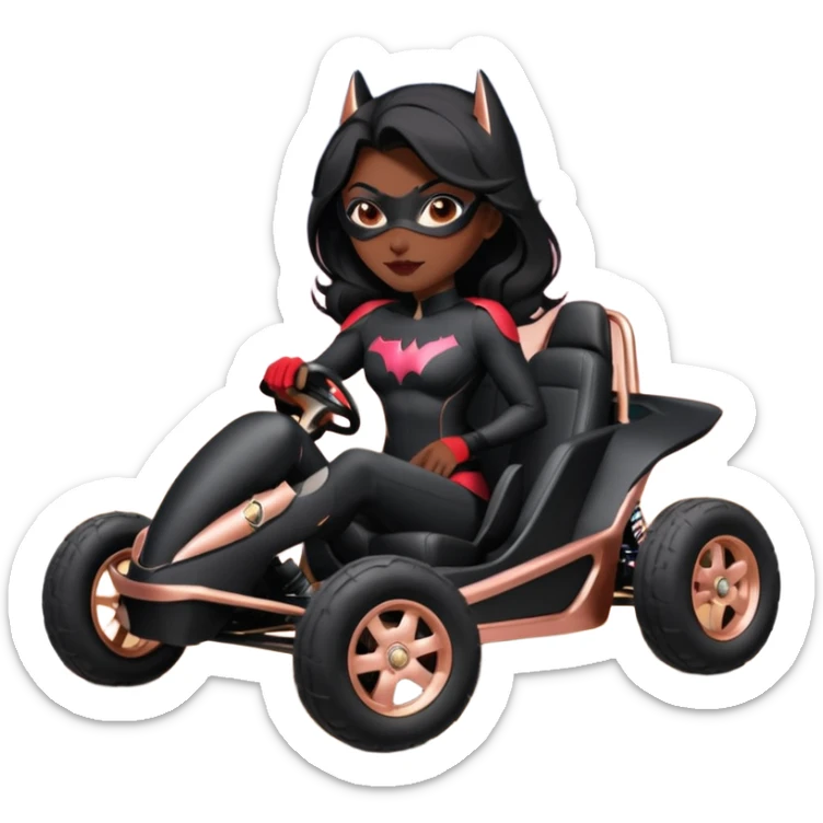 Hot full size real size-appearance electric racing action sexy BatWoman’s feminine midnight-colored tight outfit sixty’s tv show 1992 dark stealthy sporty safe plush petite off-road pursuit cruiser car rose gold accents (black hair,reclined and relaxed torso and shoulders seating position) go kart  sticker