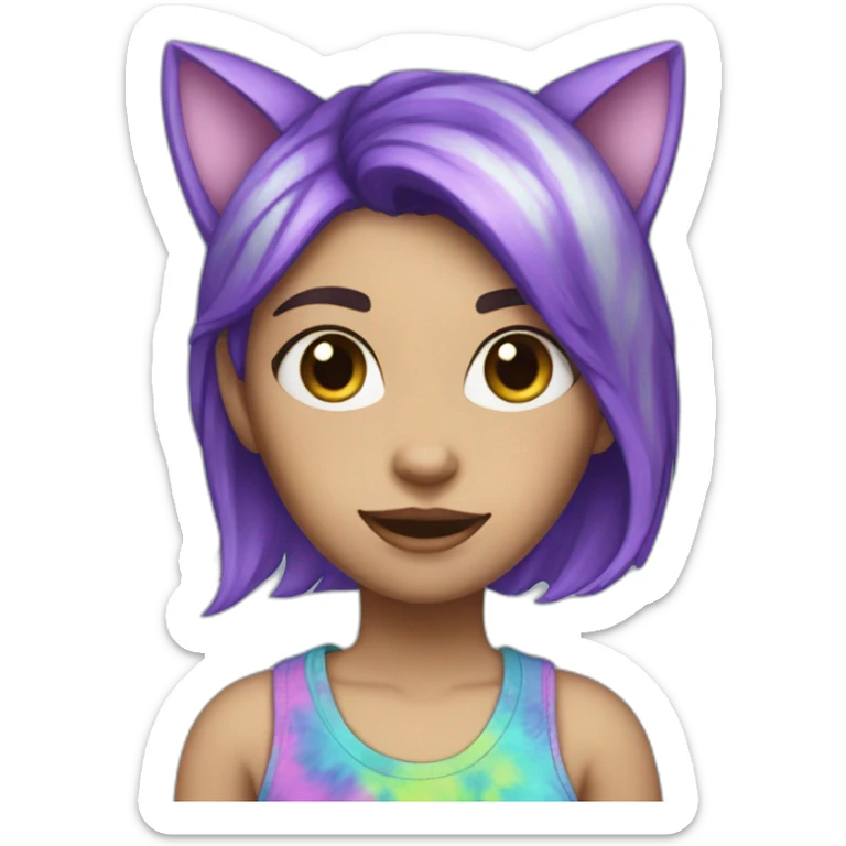 white girl with purple hair and cat ears and a blue-green tye dye shirt sticker