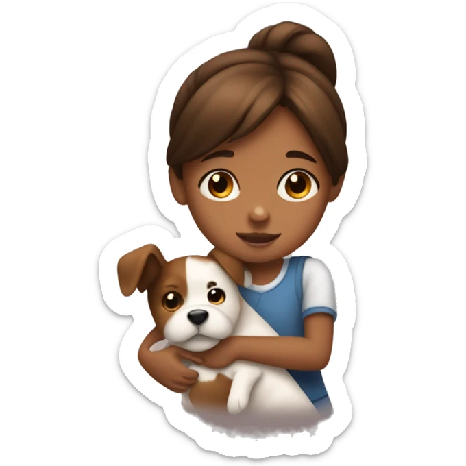 A little girl with brown hair and brown skin hugging a brown and white dog sticker