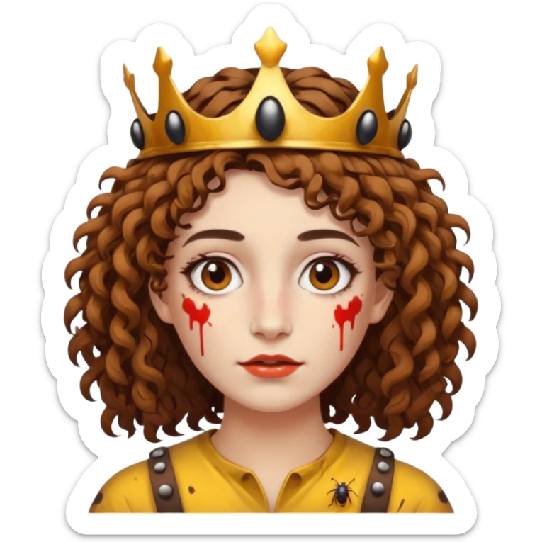 portrait woman short curly brown mullet hair brown eyes white skin with paint smeared cheeks and beetle crown sticker