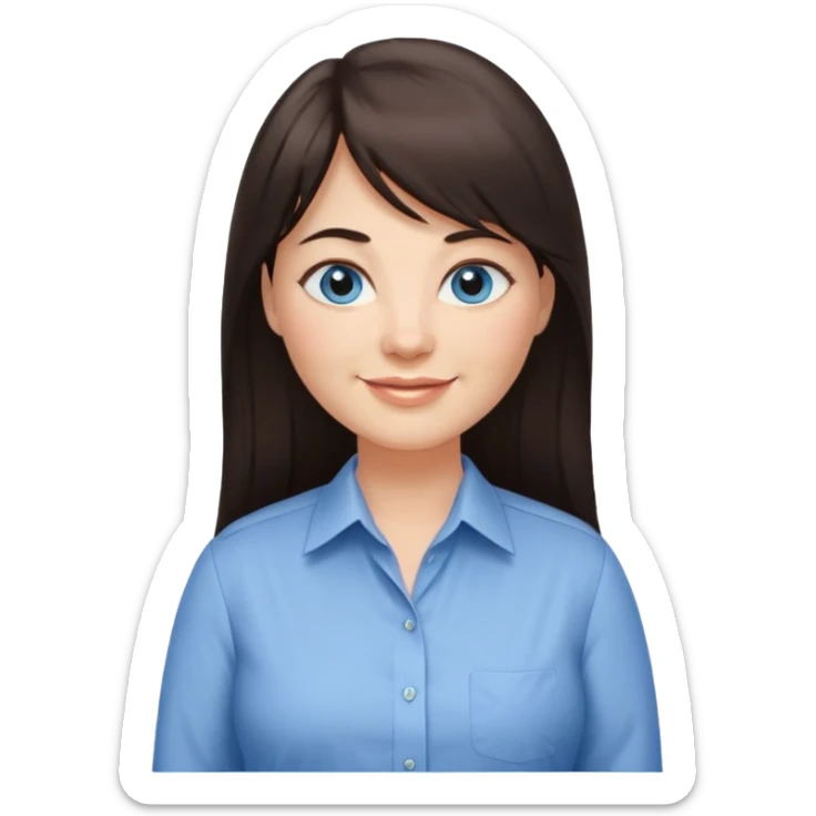 40 yr old woman, blue eyes, long straight dark brown hair, business shirt, chubby, bangs, long hair sticker