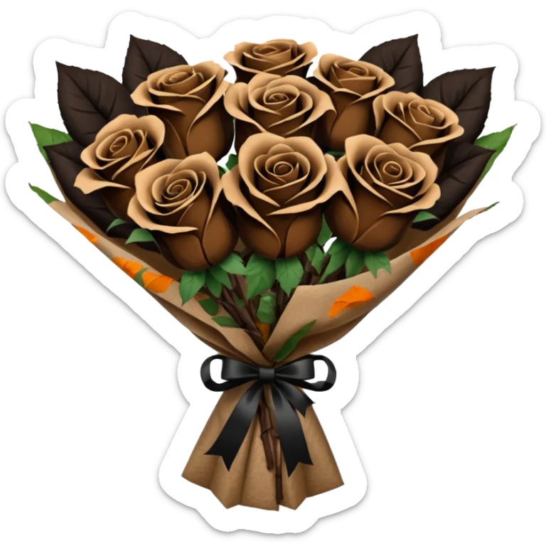 boquete of brown and black roses in a paper package sticker