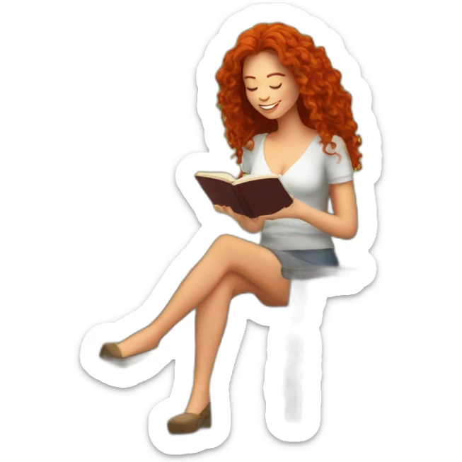 woman with long curly red hair reading a book with a glass of wine in a park sticker