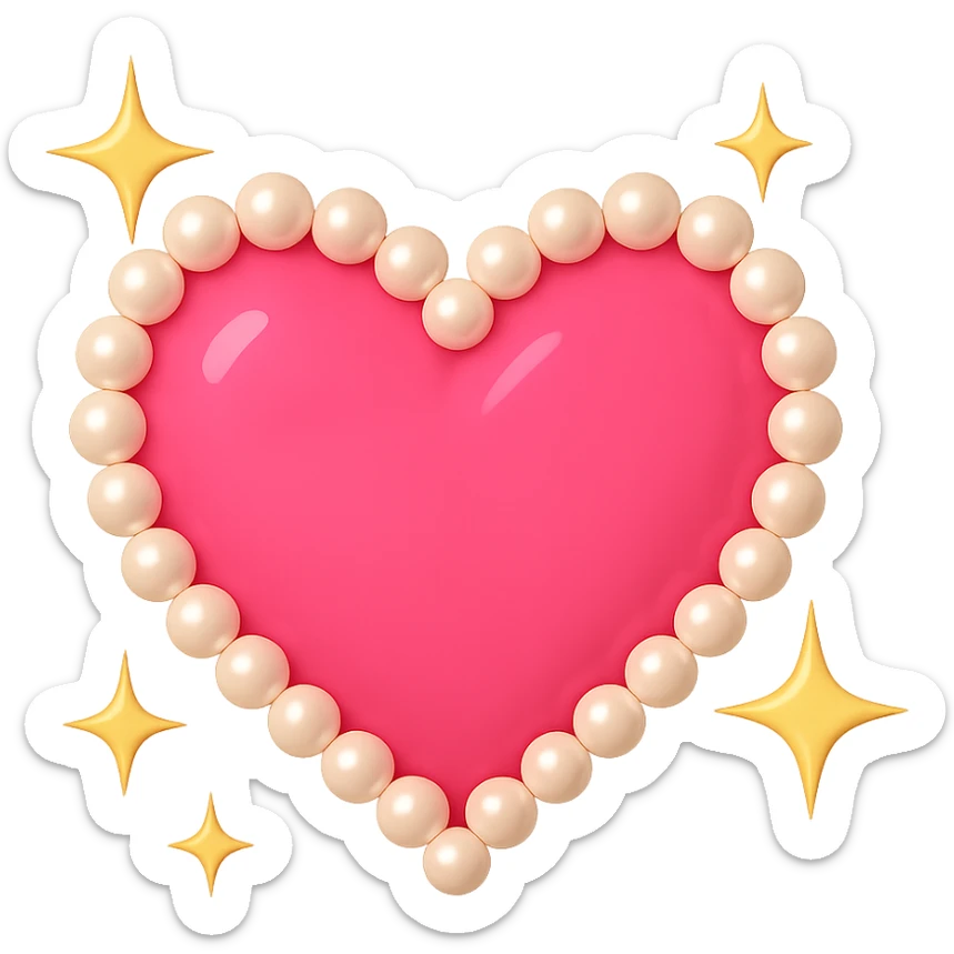 Create a pink heart with pearls in an emoji style. Add sparkles around the heart. The image should have no background. The style should resemble emoji style with bright colors and simple shapes. sticker