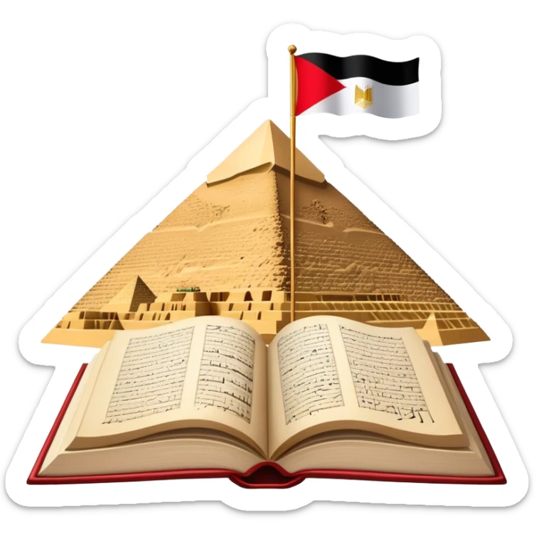 An icon featuring the Pyramids of Giza and the flag of an Arabic-speaking country, symbolizing the Arabic language. The design includes an open book with Arabic script and calligraphy, representing language learning and cultural heritage. Transparent background sticker