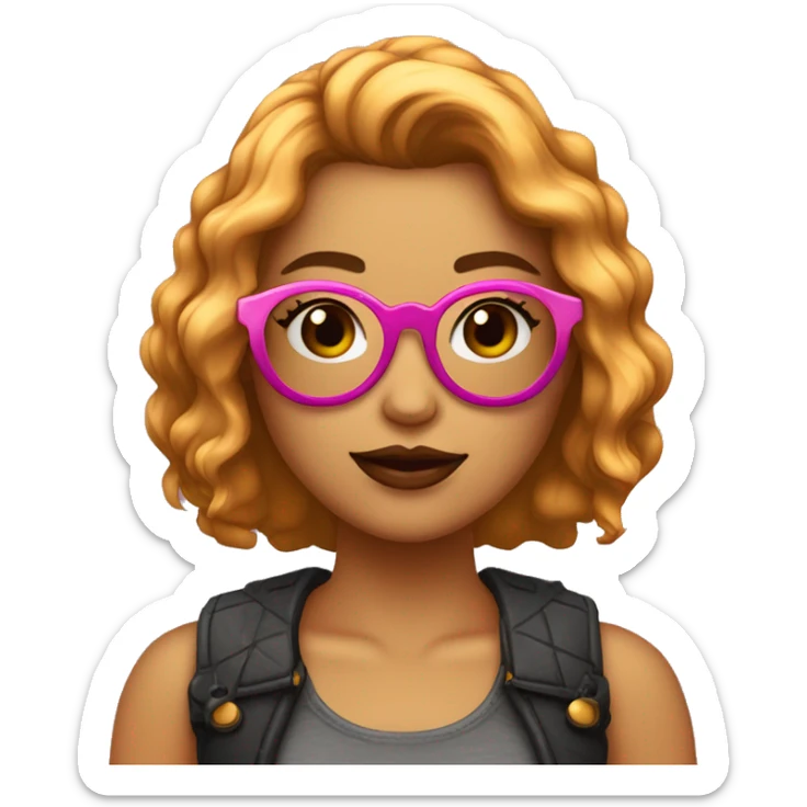 Chica joven de piel muy Clarita con pelo corto de color castaño, con gafas redondas con borde dorado. Pecas en las mejillas y labios gorditos color rosa.  sticker