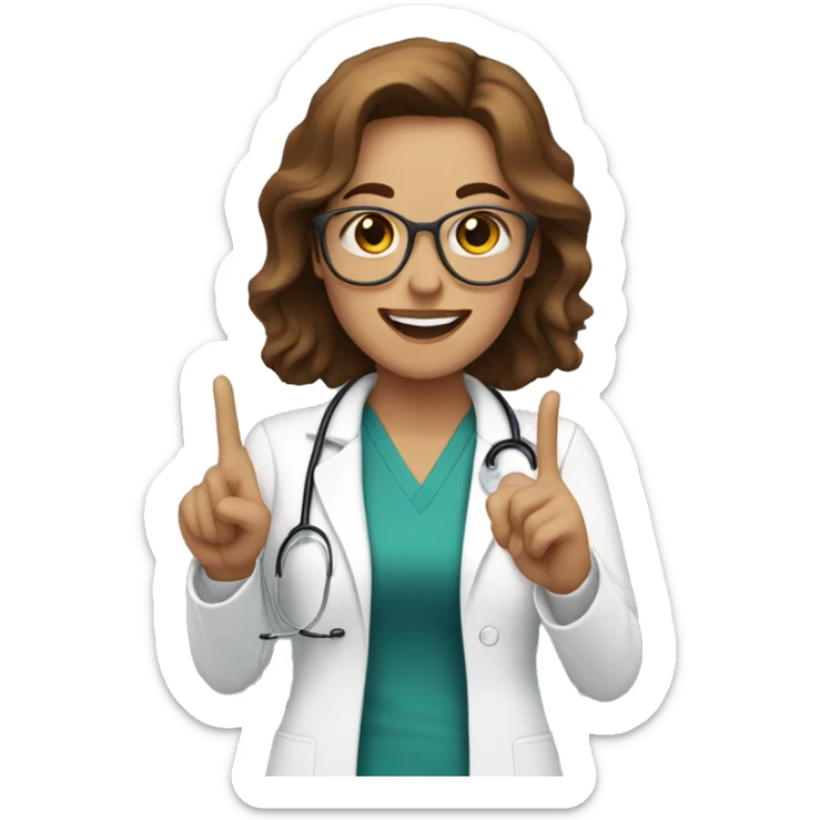 white Woman with brown hair doctor smiling and doing a peace sign sticker