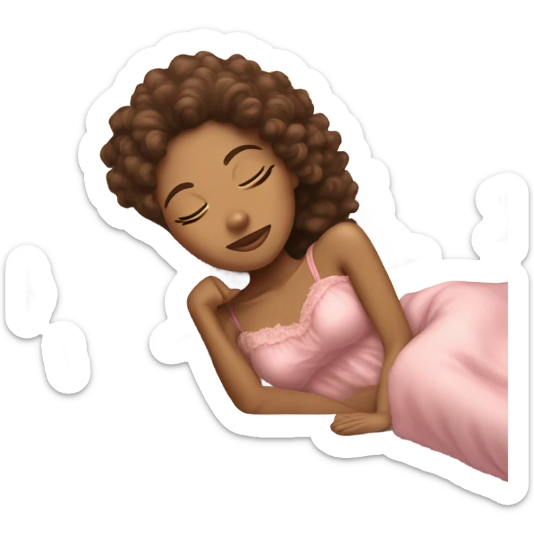 pretty tan girl with brown curly hair in a pink nightgown sleeping on fluffy white pillows sticker