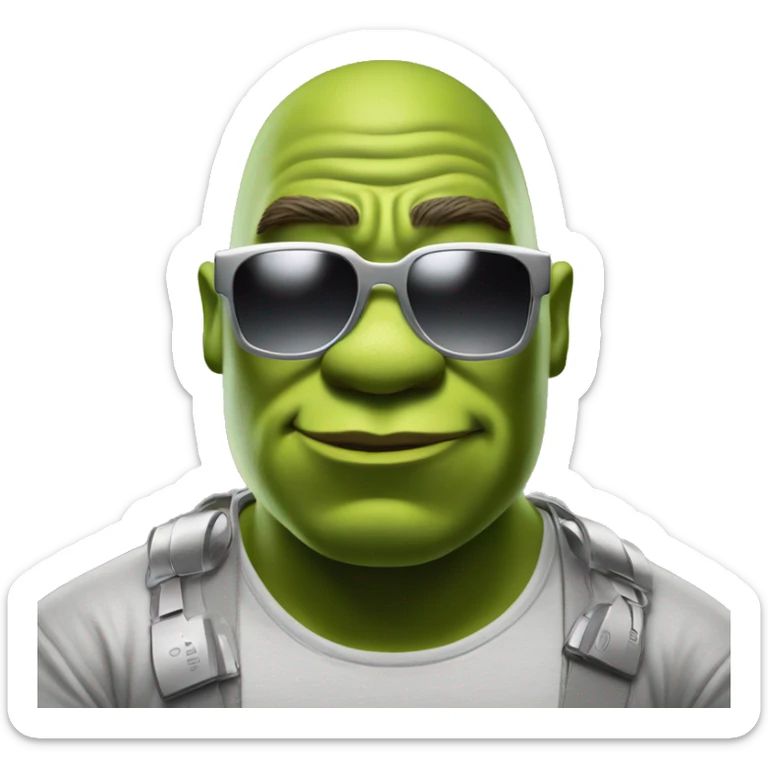 shrek very serious being a dj, wearing sunglasses with the lenses of the glasses all silver sticker