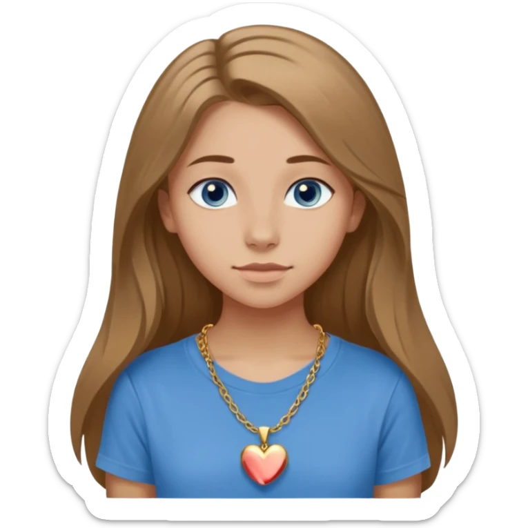 A 16-year-old girl with long, light brown hair and blue eyes. She also has slightly tanned skin, a small nose, and average-sized lips (though her lower lip is slightly larger than her upper lip). She's wearing a taupe T-shirt with a round neck and a gold necklace with a small heart on it. sticker