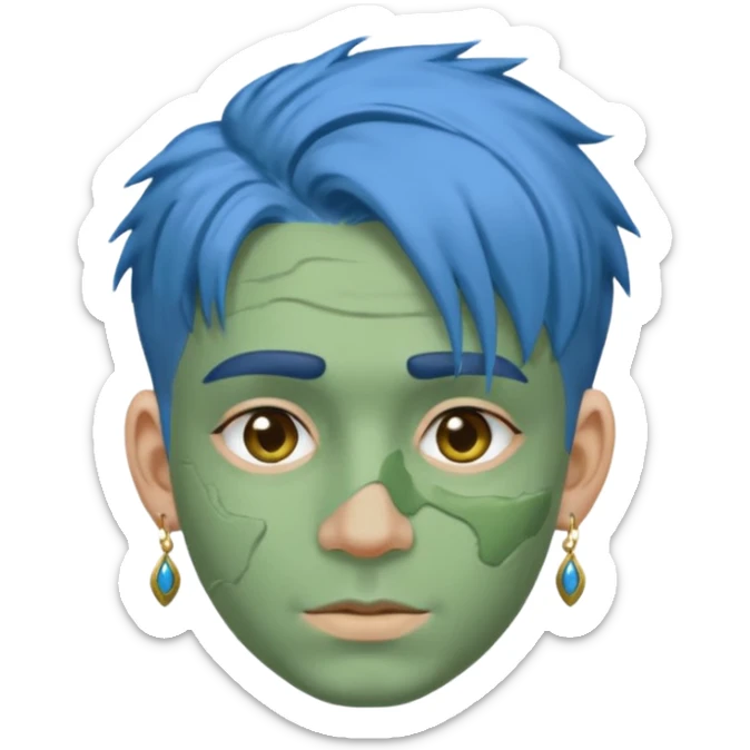 messy green clay mask man with earrings and blue hair sticker