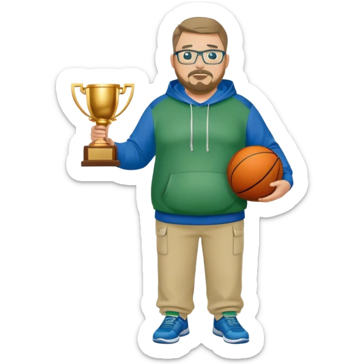  full body white obese male basketball coach with trophy. Goatee , Wearing glasses and blue and green hoodie and khaki pants sticker