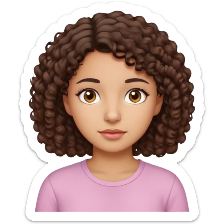 A Latina girl with brown eyes and short curly hair with a light pink shirt sticker
