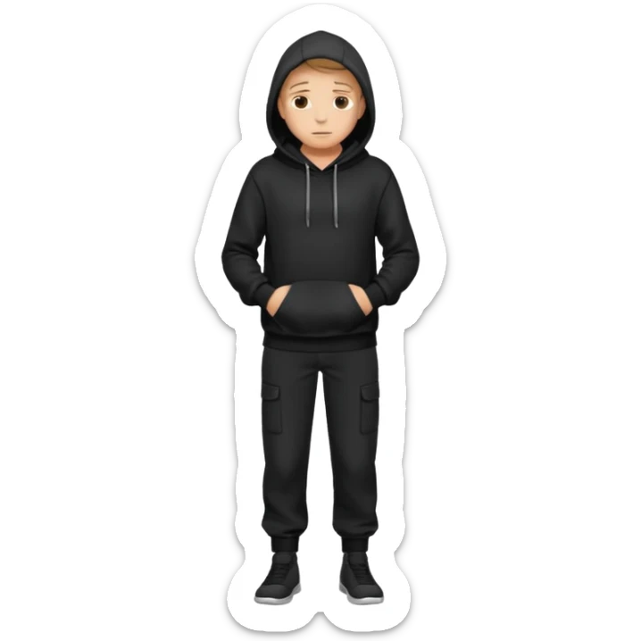 fullbody Mysterious shy caucasian man in black hoodie, hands in pockets and black pants sticker