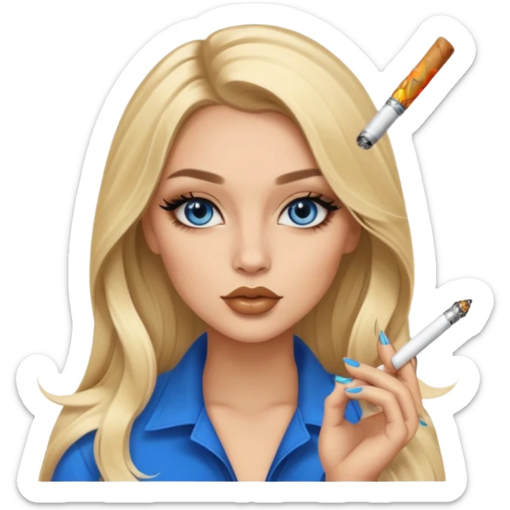 blonde light blonde balayage gorgeous girl blue eyes long hair with latina makeup smoking a cigarette baddie winged eyeliner Long nails sticker