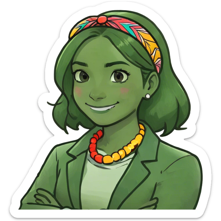 Girl crossing her arms with her hands on her neck smiling with stern eyebrows sticker