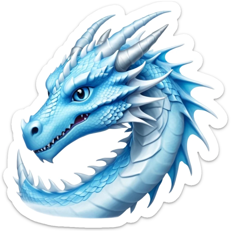 Cinematic Noble elegant Ice Dragon Portrait Emoji, Poised and imposing, distinct long elegant snout, with a slender, scaled body shimmering in glacial hues of icy blue, frostbitten silver, and crystalline white, breathing out frost, with piercing, glowing ice blue white eyes that radiate the chilling depths of an arctic storm; rendered in detail. Breathing out a frost mist sticker