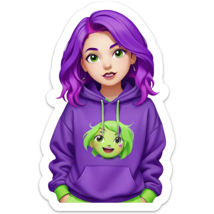 A half-body portrait of a girl with bright purple hair styled in loose waves. She’s wearing a trendy, oversized neon green hoodie with graphic prints, paired with bold, chunky sneakers. Her expression is playful and full of energy, with a vibrant, colorful background sticker