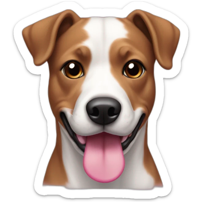 Dog, pit mix, black face with pink nose spots, brown eyes, white spot on top of snout, pink tongue, white chest sticker