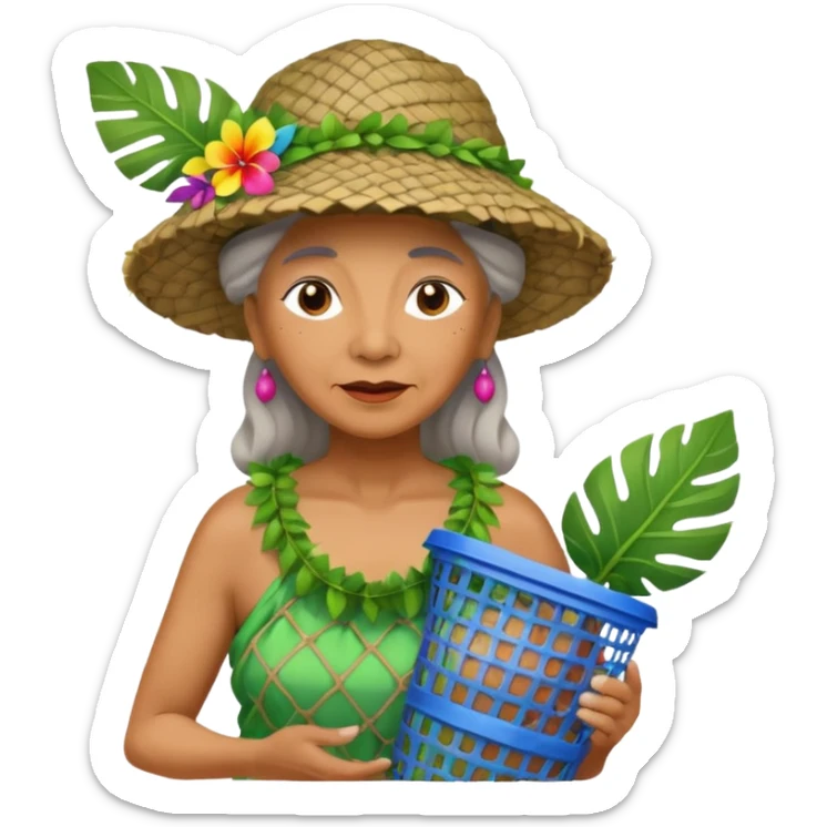 Hawaiian old woman with leaf hat and big trash net and colorful cloth sticker