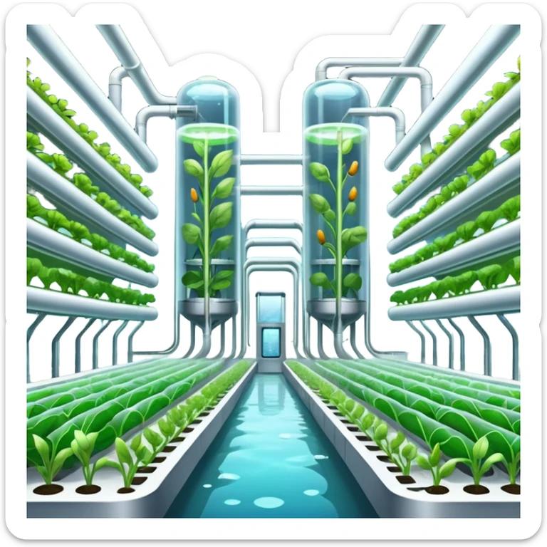 Exterior view of a futuristic hydroponic farm with glowing neon pipes and transparent water channels, sleek buildings shaped like nutrient tanks, vegetables and wheat growing in vertical layers, surreal atmosphere, emoji-style, cartoony sticker