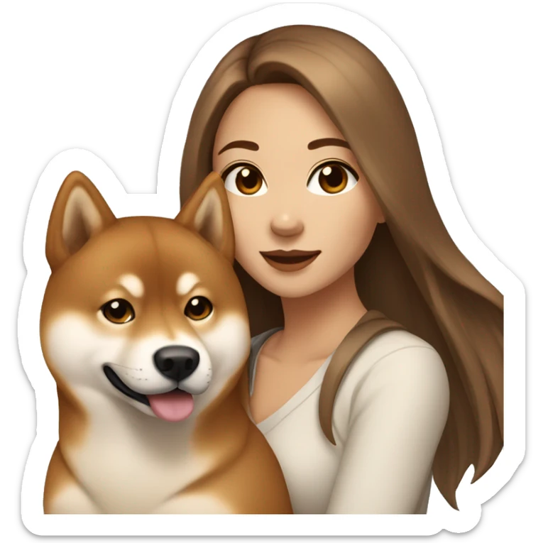 beautiful woman, straight long light brown hair, brown eyes with dog Shiba Inu sticker