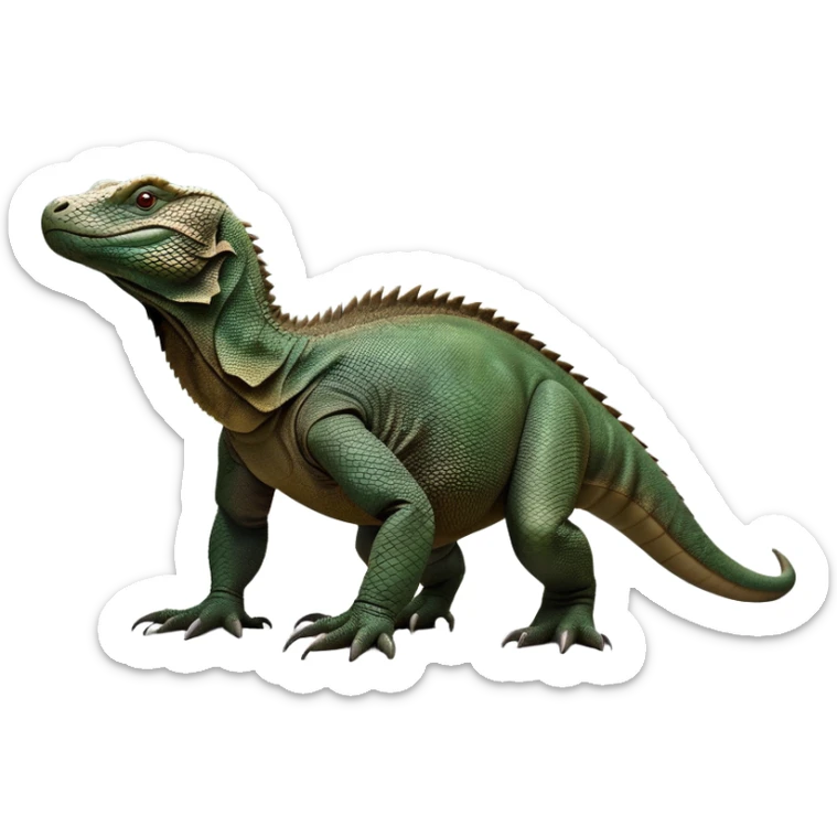 cinematic-komodo-dragon-realistic-full-body-standing on all fours-emoji,-massive-scaled-body-poised-with-quiet-power,-rough-textured-skin-dark-green-and-dark brown, black,-head-tilted-dramatically,-long-forked-tongue-flicking-out,-simplified-yet-realistic-focused-features,-highly-detailed,-glowing-with-an-almost-sarcastic-glow

 sticker