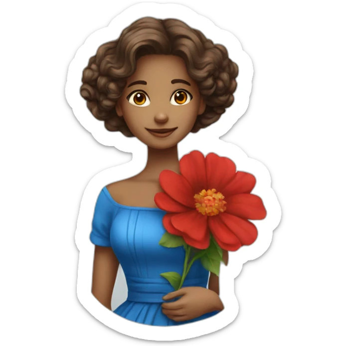 A beatiful girl wear blue and red dress with flower sticker