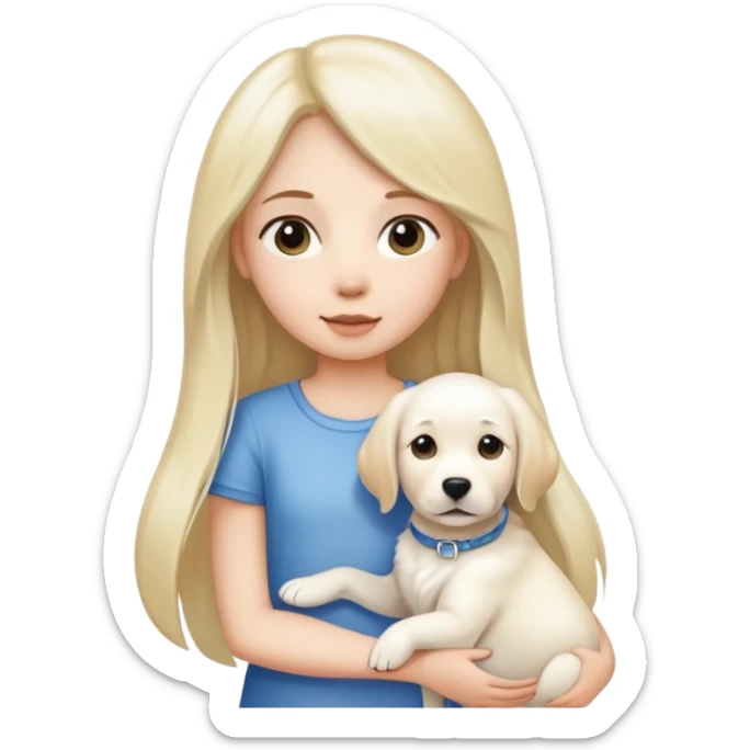 A long-haired girl and a medium-length-haired girl holding a white Labrador dog sticker