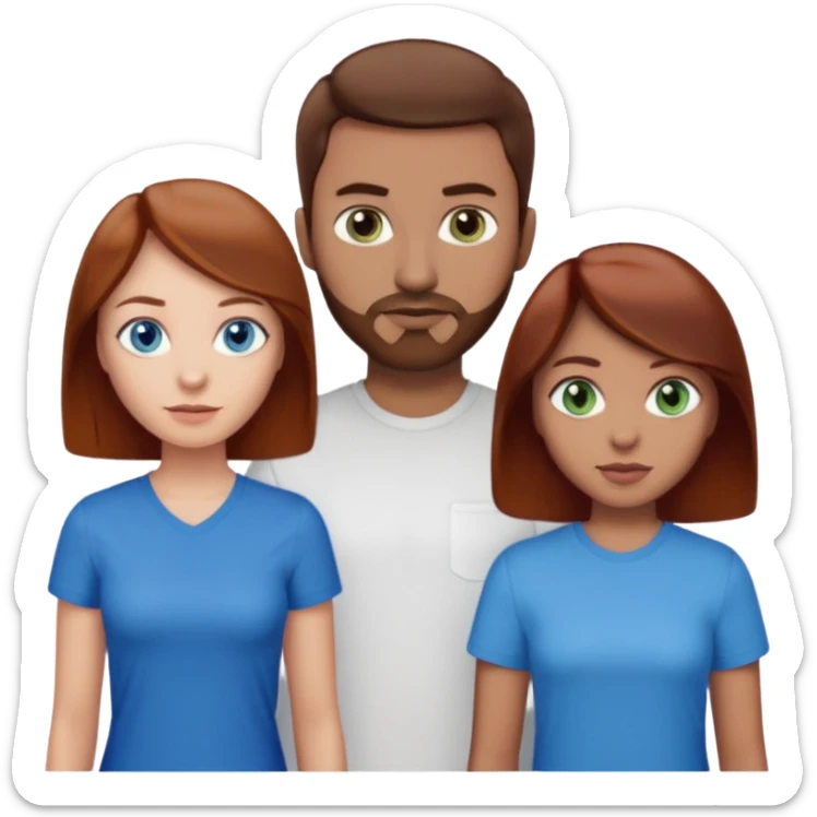 One woman with blue eyes, brown hair, light skin standing next to another woman with darker red brown hair, lighter skin, and green eyes, standing next to a man with no facial hair, blue eyes, and short brown hair sticker