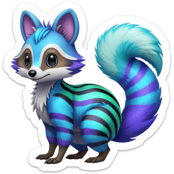 Iridescent Neon Green-Cyan-Blue-Purple Tanuki-Numbat-Sergal-fusion-hybrid-animal-creature, full body sticker