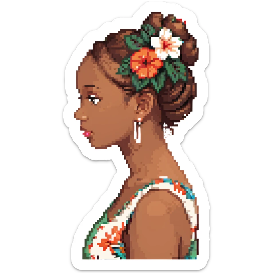black girl side profile, brown hair in a bun, Hawaiian flower in hair sticker