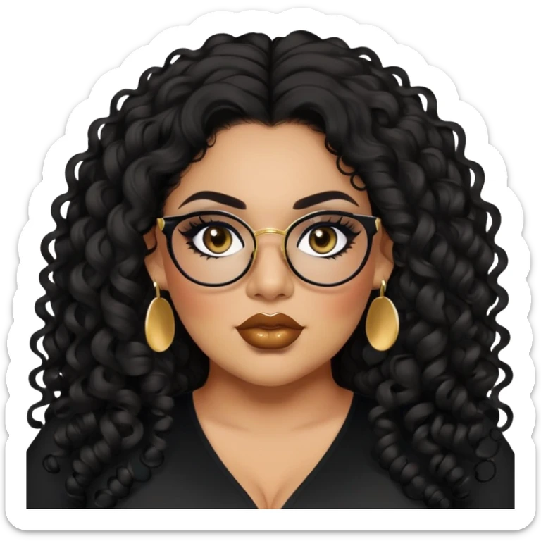 big plus size, latina, darker tan skin, long black curly hair, baddie,pretty, makeup, lipliner, black eyeliner, long hair, small gold earrings, black top, black glasses sticker