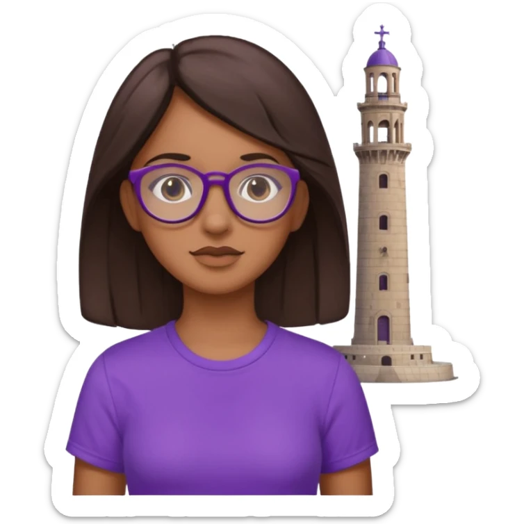 Chica de pelo moreno con gafas, lleva camisa violeta. Piel morena clara. Con Torre de Hércules de la Coruña detrás sticker
