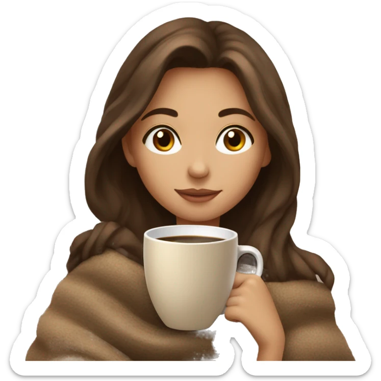 A beautiful girl with brown hair cozy with a nude blanket and a cup of coffee  sticker