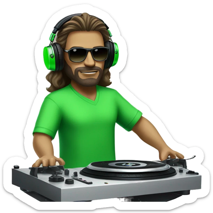 tall dj white man with long luscious hair, shades, headphones and an electric green shirt on that says “365”, on a mixer turntable sticker