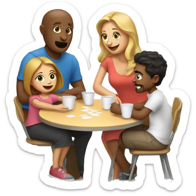An emoji of a family—mother, father, and child—sitting at a table, playing a cup game with paper cups arranged on the table as they have fun together sticker