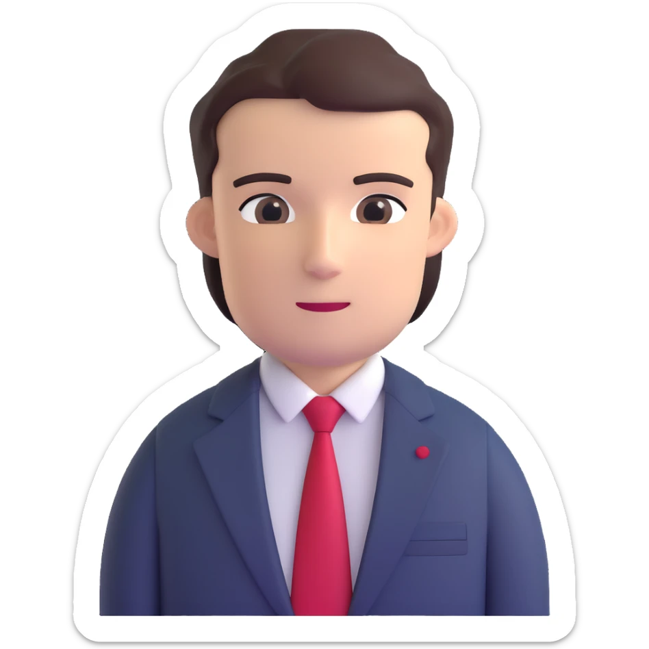 man wearing a dark blue-gray business suit with a white shirt and a red tie sticker