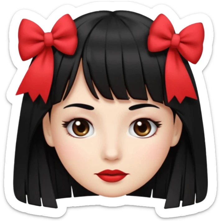 emoji feminino branca com cabelo longo, preto, liso e com franja. olhos castanhos. no rosto maquiagem com blush, cílios, delineador e batom vermelho. usando uma blusa preta com alças finas e um laço branco de cada lado sticker