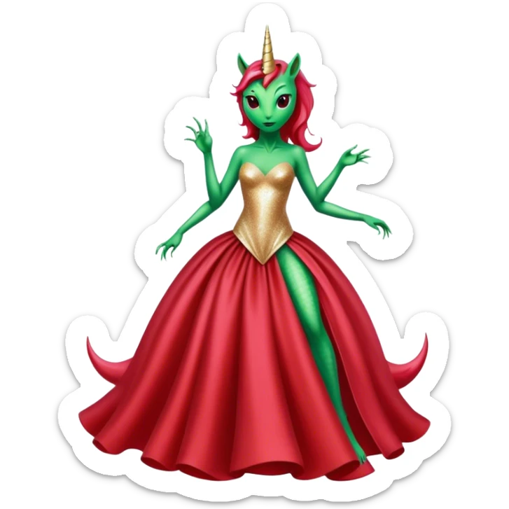 "reptilian green alien woman, in long slim pastel red formal party satin dress with gradient shiny sparkling dark red", rides "unicorn gold and white"
 sticker