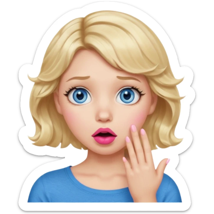 Girl Blonde short wavy hair,  blue eyes, cute blue top, long lashes, pink lips, shocked, hand over the mouth sticker