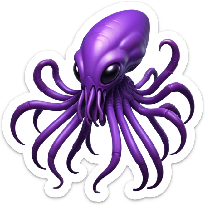 Clash of Clans aesthetic: Cinematic fierce Zerg Alien Emoji, rendered in a 3D vector-style similar to standard emojis with minimal shading and bold, simplified shapes. A compact, isometric, otherworldly creature with insectoid, organic details and subtle, eerie tentacles, softly glowing with a sinister alien charm. Simplified yet unmistakably iconic, highly detailed and consistent, glowing with a soft, spectral radiance and high shine. Stylized with a touch of bio-engineered mischief and a soft glowing outline, capturing the essence of a fearsome extraterrestrial menace with a playful twist! sticker