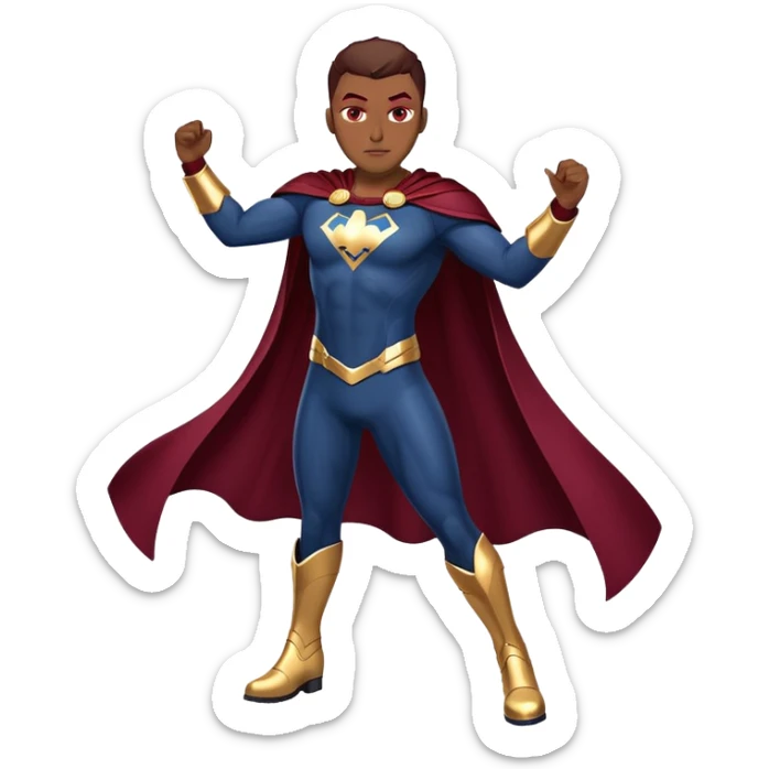 superhero in dark blue and maroon bodysuit with gold accents, digital cape, maroon boots, dynamic pose sticker