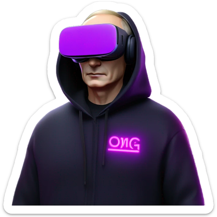 Vladimir Putin wearing a black hoodie with "OMG" letters on it and VR headset oculus quest 2 in a cyberpunk VR environment with violet neon lighting. sticker