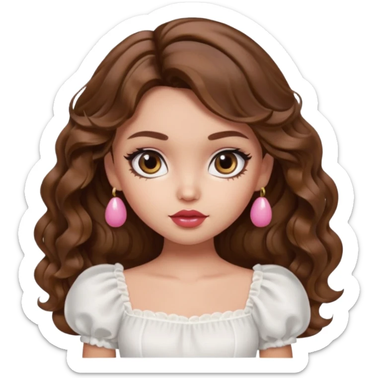 generate a pretty bratz girl with in a white puff sleeve top. lipgloss on . Brown wavy hair long.  sticker