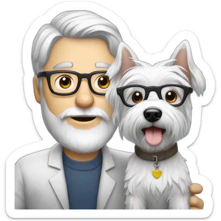 Gray hair man with glasses anda with westie dog girl sticker