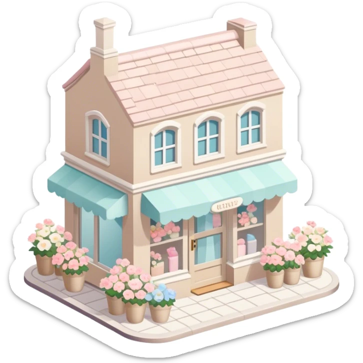 isometric exterior little beige and white shop with abundant pastel florals everywhere sticker