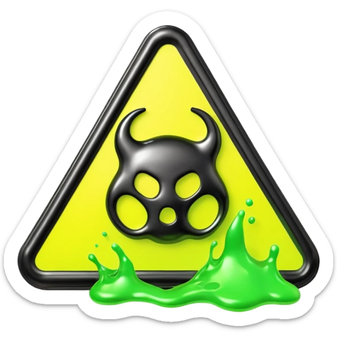 3D render of Oil Slick, toxic waste aesthetic, neon green bubbling liquid, caution yellow metal, industrial warning texture. sticker