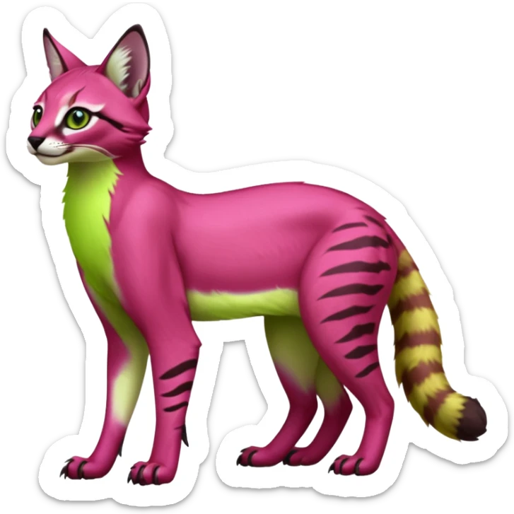 Colorful dark pink lime-green tropical exotic cute cool beautiful shiny beautiful fantasy-caracal-civet-genet-sergal-vernid-serval-Gryphon-Cacomistle-Trico-oncilla-animal-Fakémon-hybrid-fursona (full body) sticker